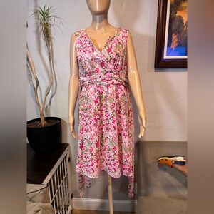 Pink Floral Sleeveless Midi Dress waist tie - Event Dresses